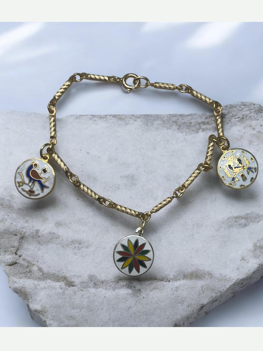 Vintage Dead Stock Hoffman Signed Enamel Folk Art Hex Charms/Vintage Bracelet